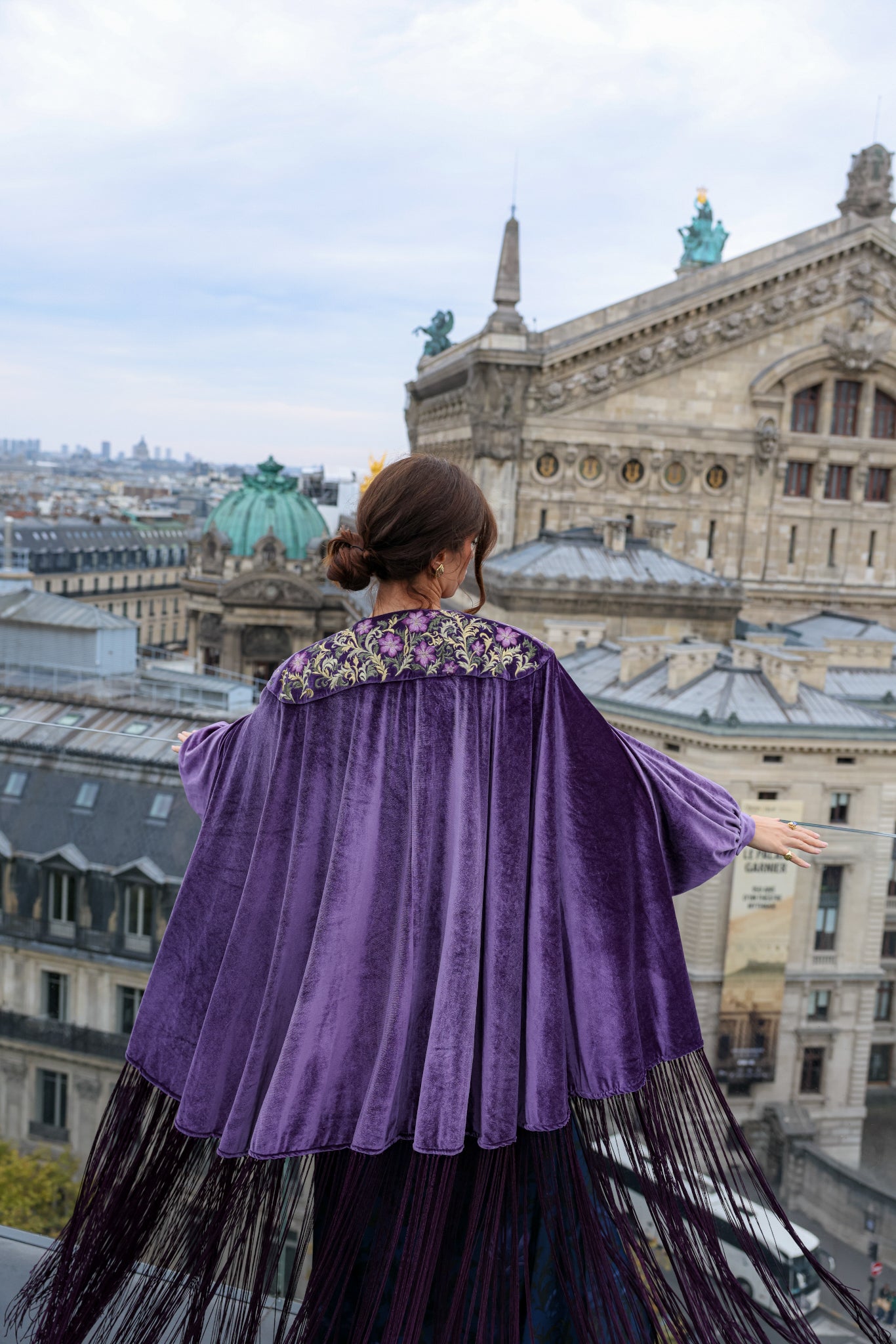 Person wearing a purple velvet cape with intricate detailing, standing on a rooftop with a cityscape background.