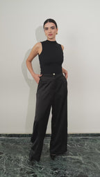 Black satin pants. High waist. Office outfit. Work outfit. Women suit. 